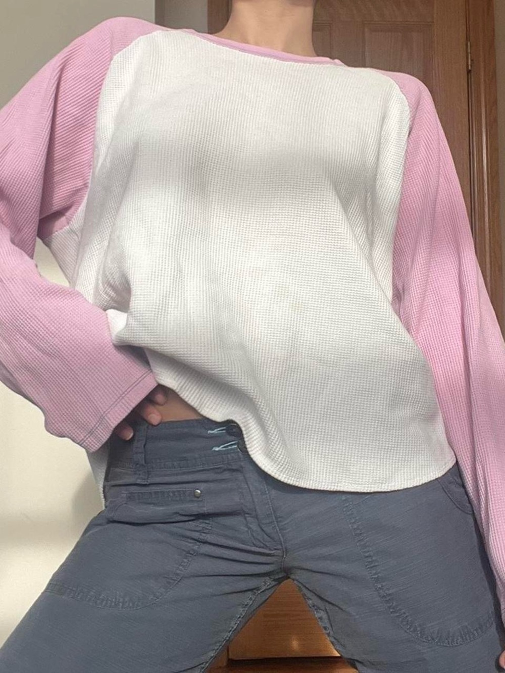 Gap 100% Cotton Long Sleeve Waffle Knot Raglan Baseball Oversized Shirt